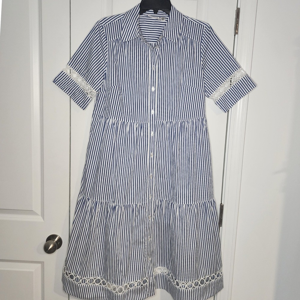 Joan Rivers Blue White Striped Tiered Shirt Dress Crochet Trim XS - Picture 1 of 7